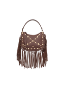 BOLSA MÉDIA EM COURO MARROM CAFÉ COM FRANJAS E APLICAÇÕES METÁLICAS