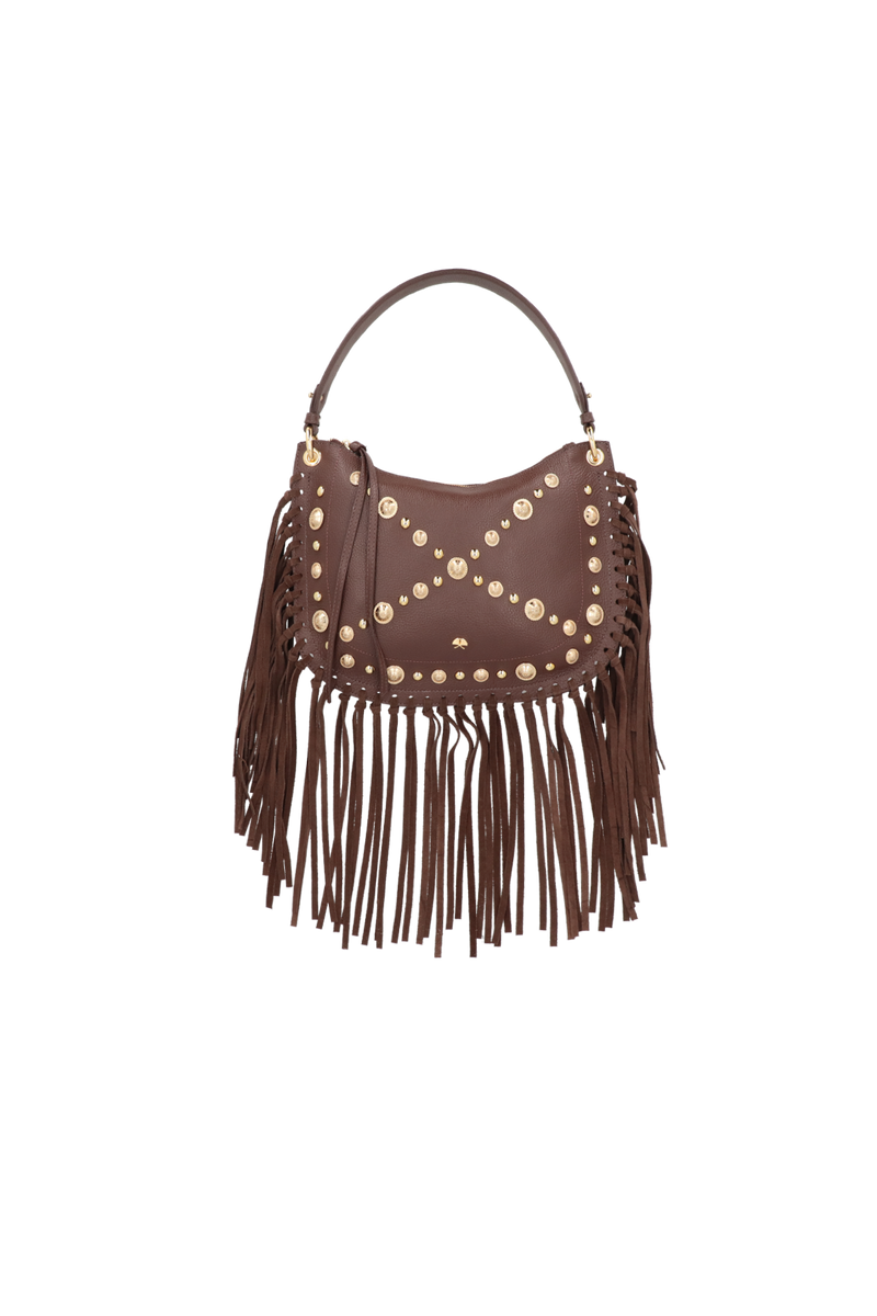 BOLSA MÉDIA EM COURO MARROM CAFÉ COM FRANJAS E APLICAÇÕES METÁLICAS