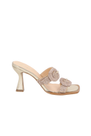 SANDÁLIA SALTO ALTO EM COURO BEGE BLUSH COM TIRA DUPLA E FIVELA DE STRASS