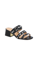 SANDÁLIA MULE SALTO MÉDIO BLOCO EM COURO PRETO COM MIX DE REBITES