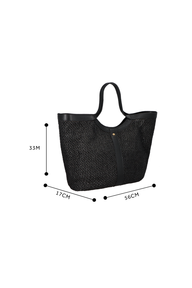 BOLSA SHOPPING GRANDE EM COURO E RÁFIA PRETO