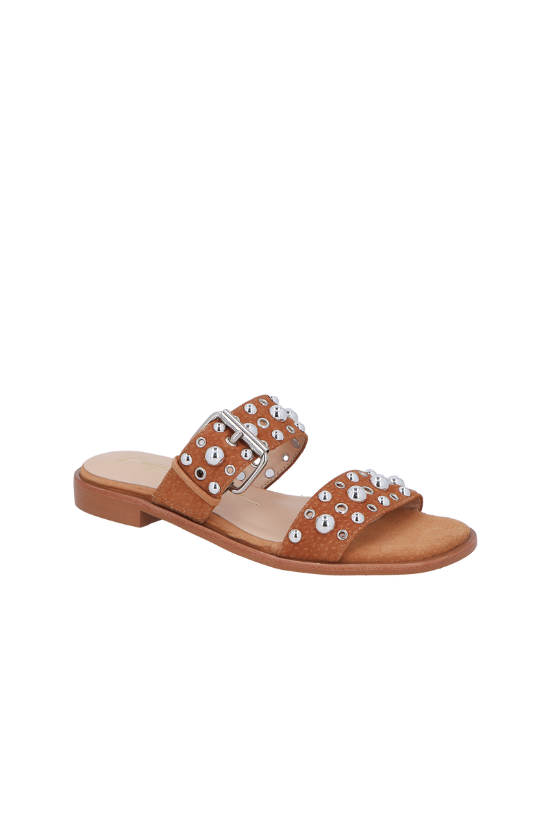 RASTEIRA EM CAMURÇA CARAMELO COM APLICAÇÕES METÁLICAS