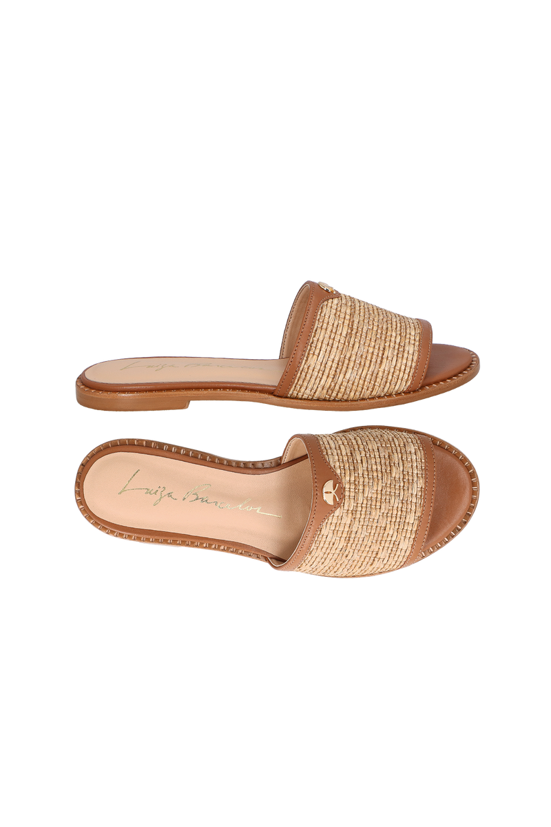 RASTEIRA EM COURO CARAMELO E PALHA COM APLICAÇÃO