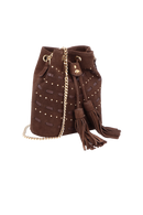 BOLSA BUCKET PEQUENA EM CAMURÇA MARROM CAFÉ COM DETALHES METÁLICOS