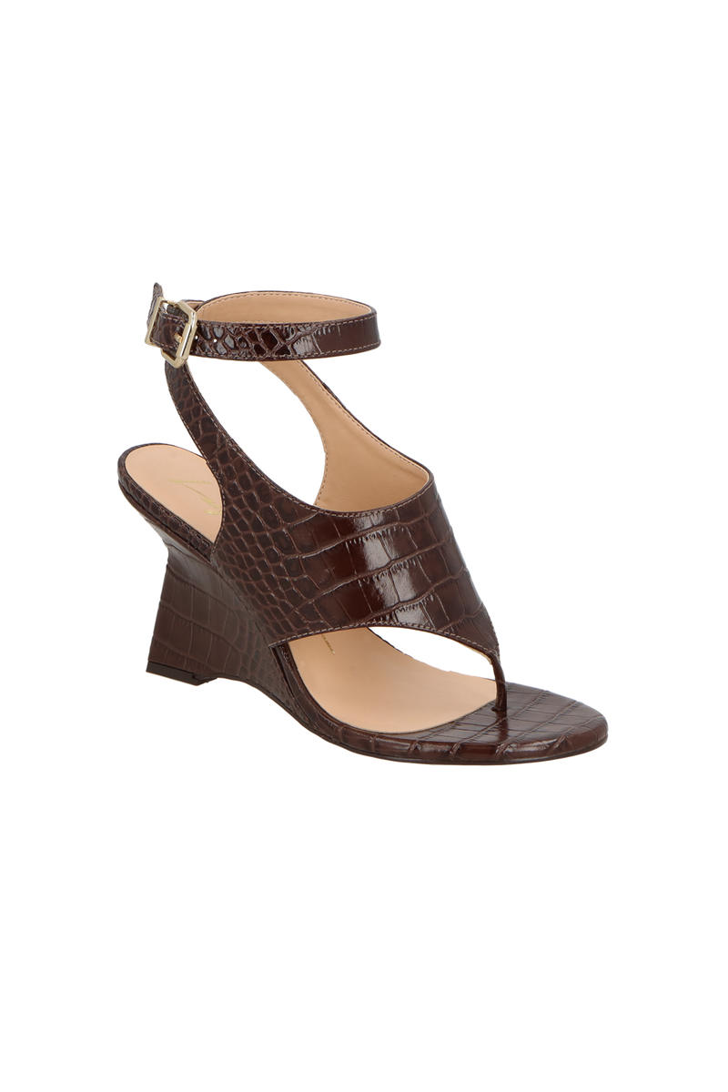SANDÁLIA ANABELA DE DEDO EM COURO CROCO CAFÉ