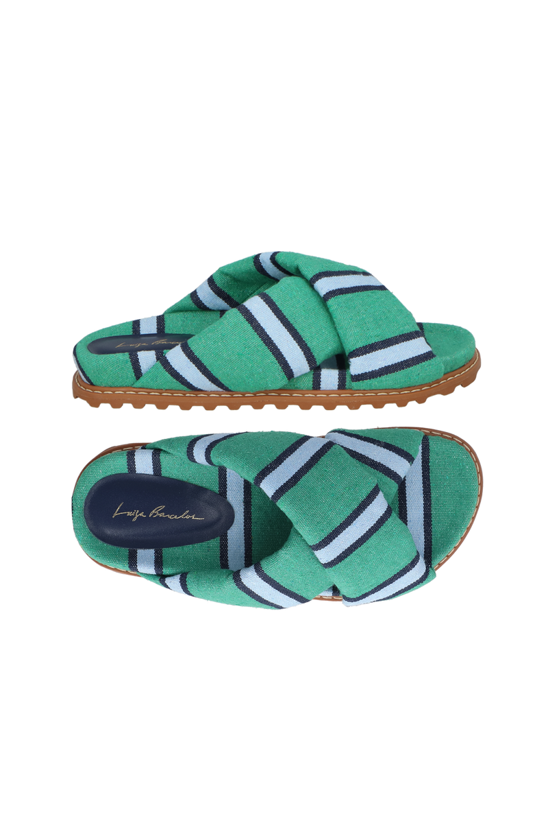 SANDÁLIA PAPETE EM LONA LISTRADA VERDE E AZUL COM TIRAS ACOLCHOADAS