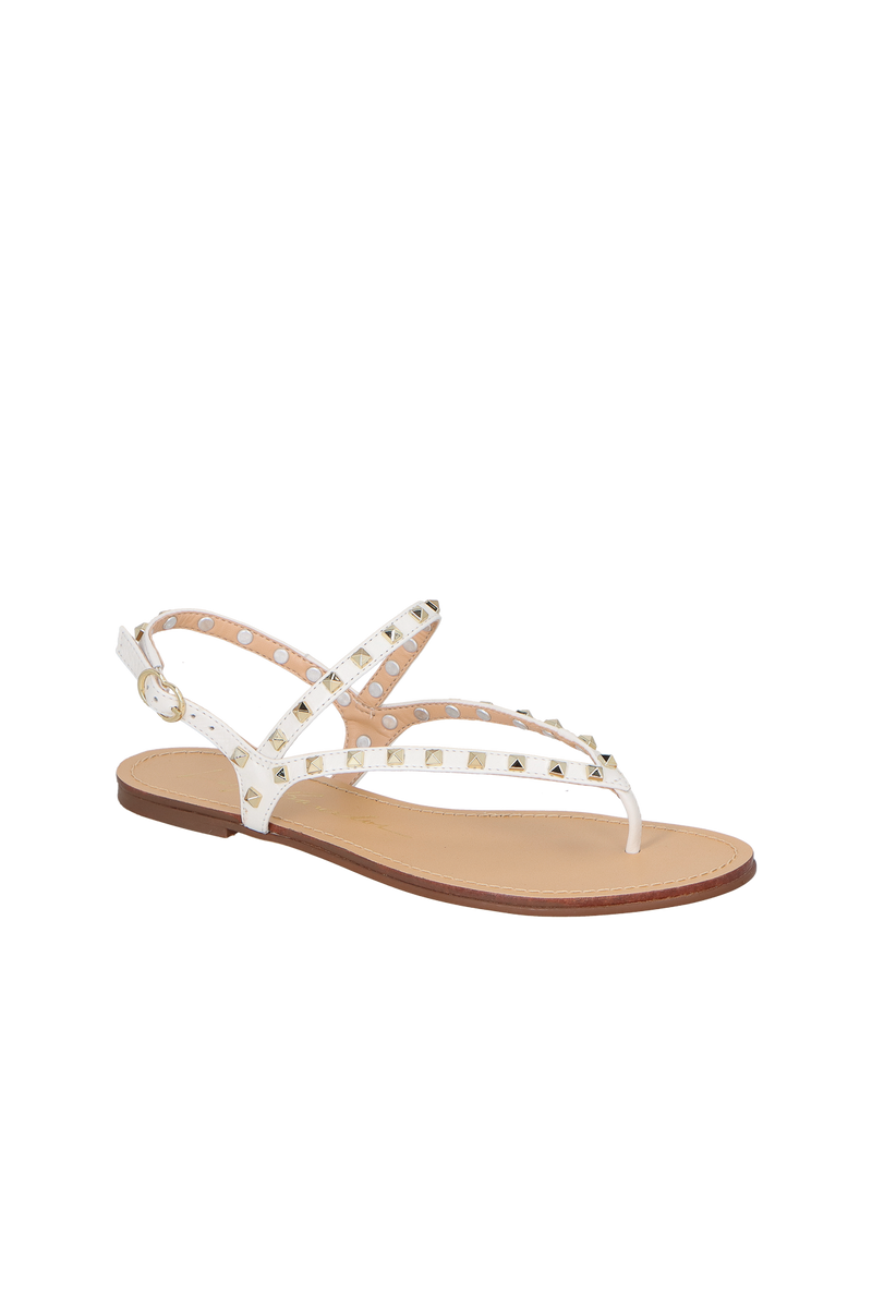 SANDÁLIA RASTEIRA EM COURO OFF WHITE COM TACHINHAS DOURADAS