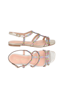 SANDÁLIA RASTEIRA DE TIRAS EM COURO METALIZADO DOURADO COM PEDRAS MULTICOLORIDAS