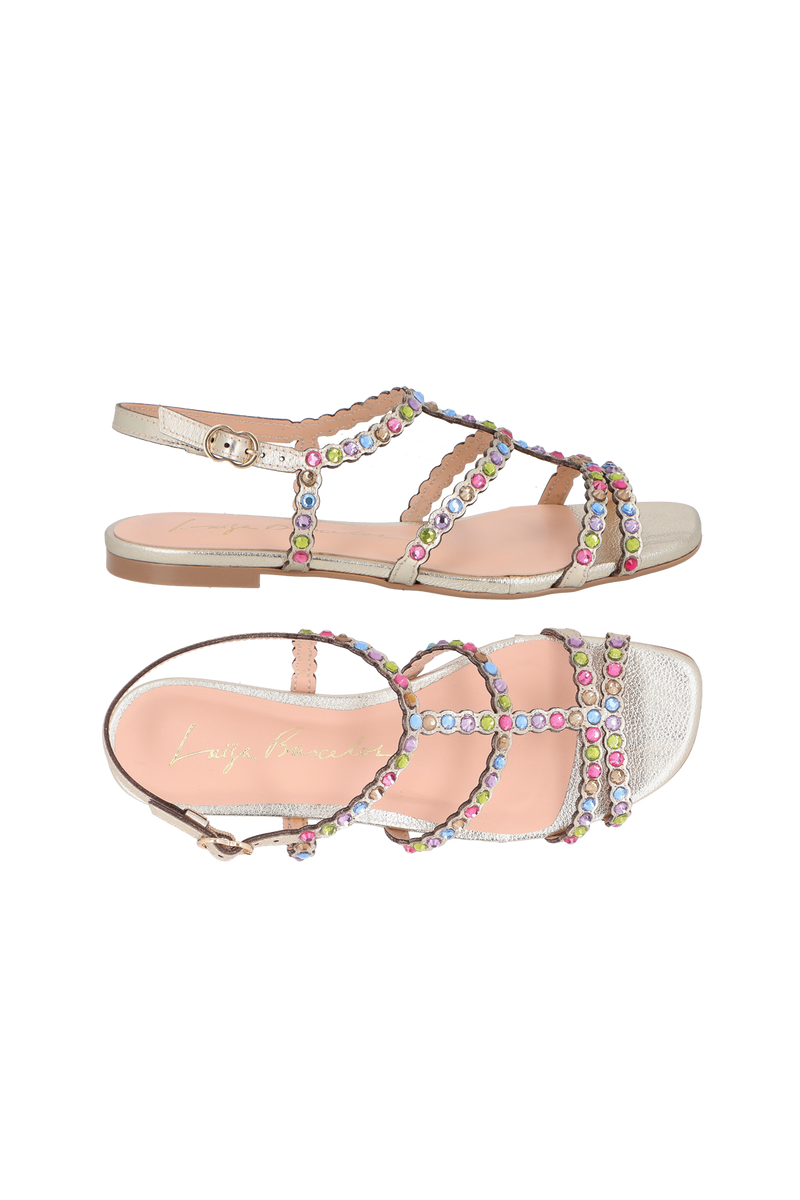 SANDÁLIA RASTEIRA DE TIRAS EM COURO METALIZADO DOURADO COM PEDRAS MULTICOLORIDAS