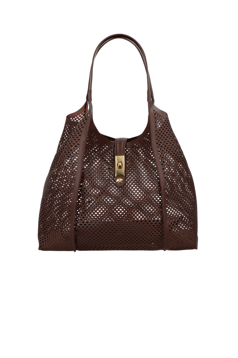 BOLSA TOTE GRANDE EM COURO MARROM CAFÉ COM RECORTES