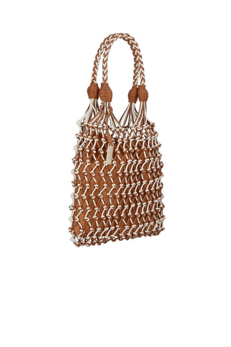 BOLSA MÉDIA TRAMADA EM COURO CARAMELO E OFF WHITE