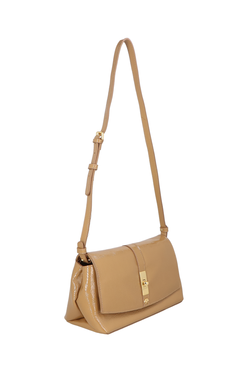 BOLSA CLUTCH PEQUENA EM COURO VERNIZ BEGE ARGILA