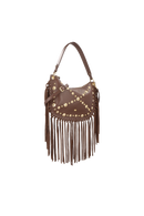 BOLSA MÉDIA EM COURO MARROM CAFÉ COM FRANJAS E APLICAÇÕES METÁLICAS