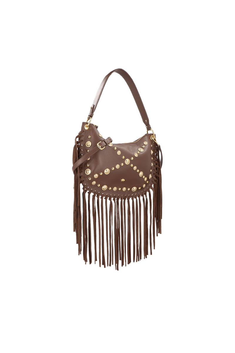BOLSA MÉDIA EM COURO MARROM CAFÉ COM FRANJAS E APLICAÇÕES METÁLICAS