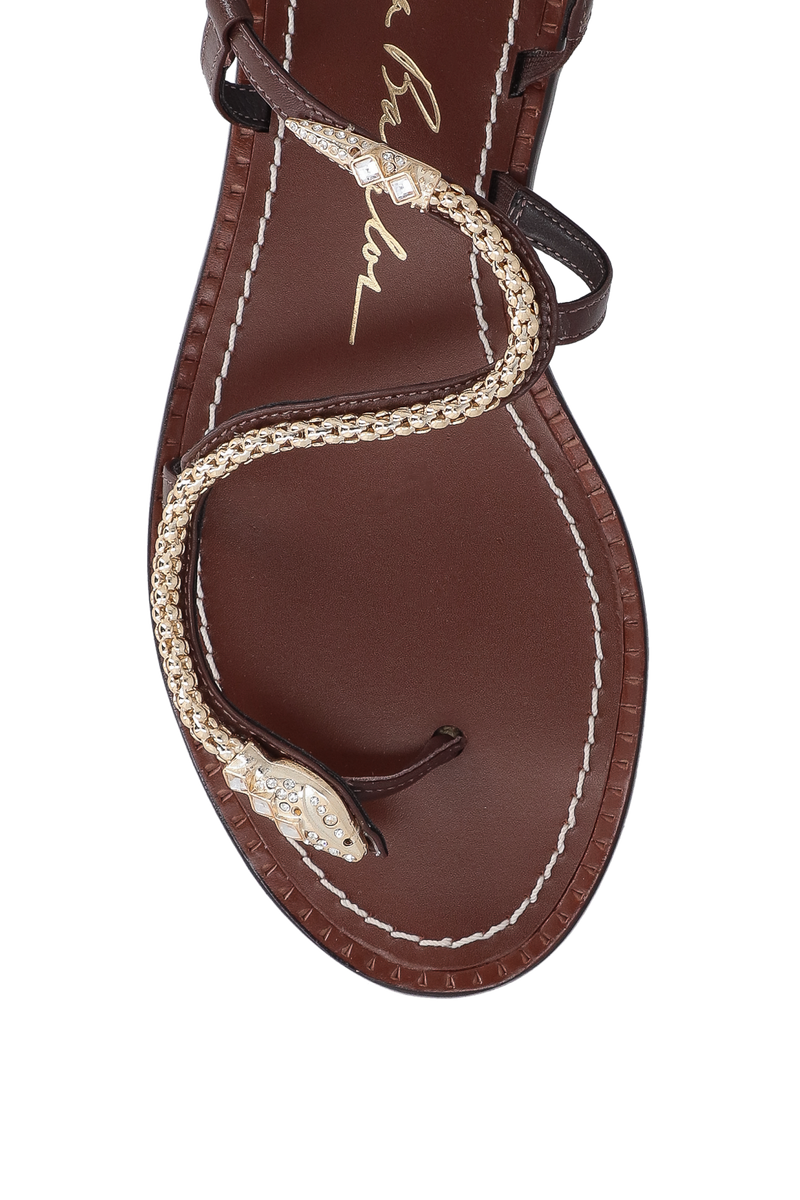 SANDÁLIA RASTEIRA EM COURO MARROM CAFÉ E SERPENTE OURO