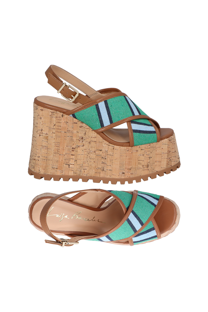 SANDÁLIA PLATAFORMA COM TIRA CRUZADA LISTRADA VERDE E AZUL