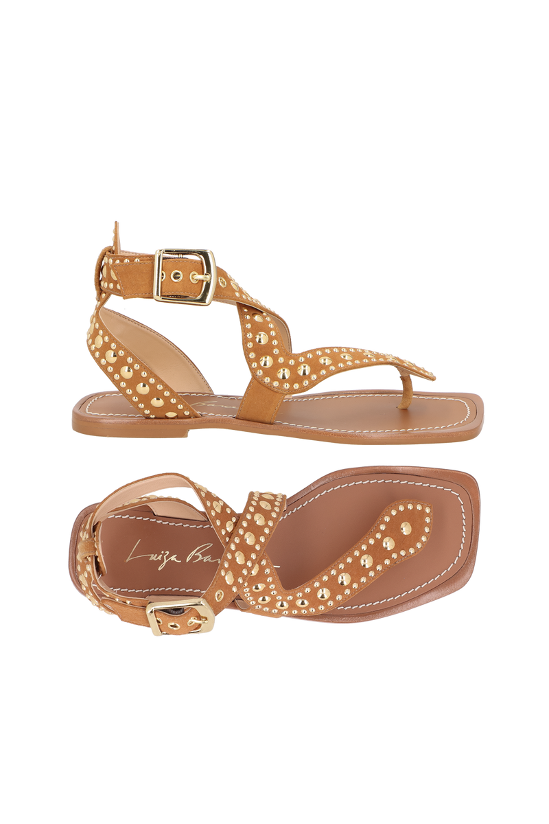 SANDÁLIA RASTEIRA EM CAMURÇA CARAMELO E APLICAÇÕES