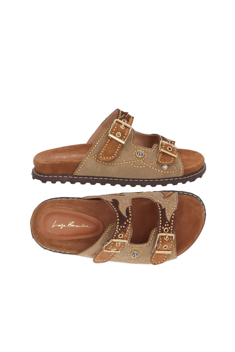 PAPETE EM CAMURÇA BEGE FENDI COM FIVELAS E APLICAÇÕES