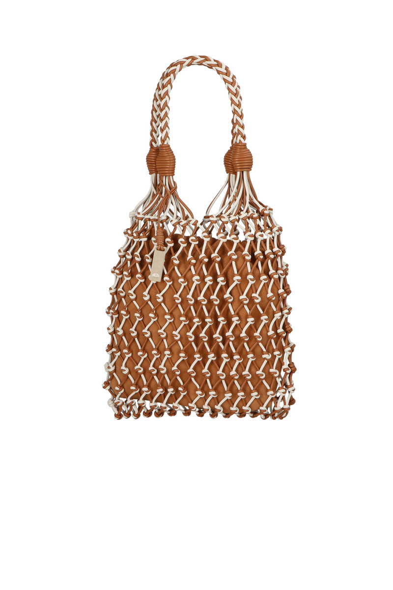 BOLSA MÉDIA TRAMADA EM COURO CARAMELO E OFF WHITE