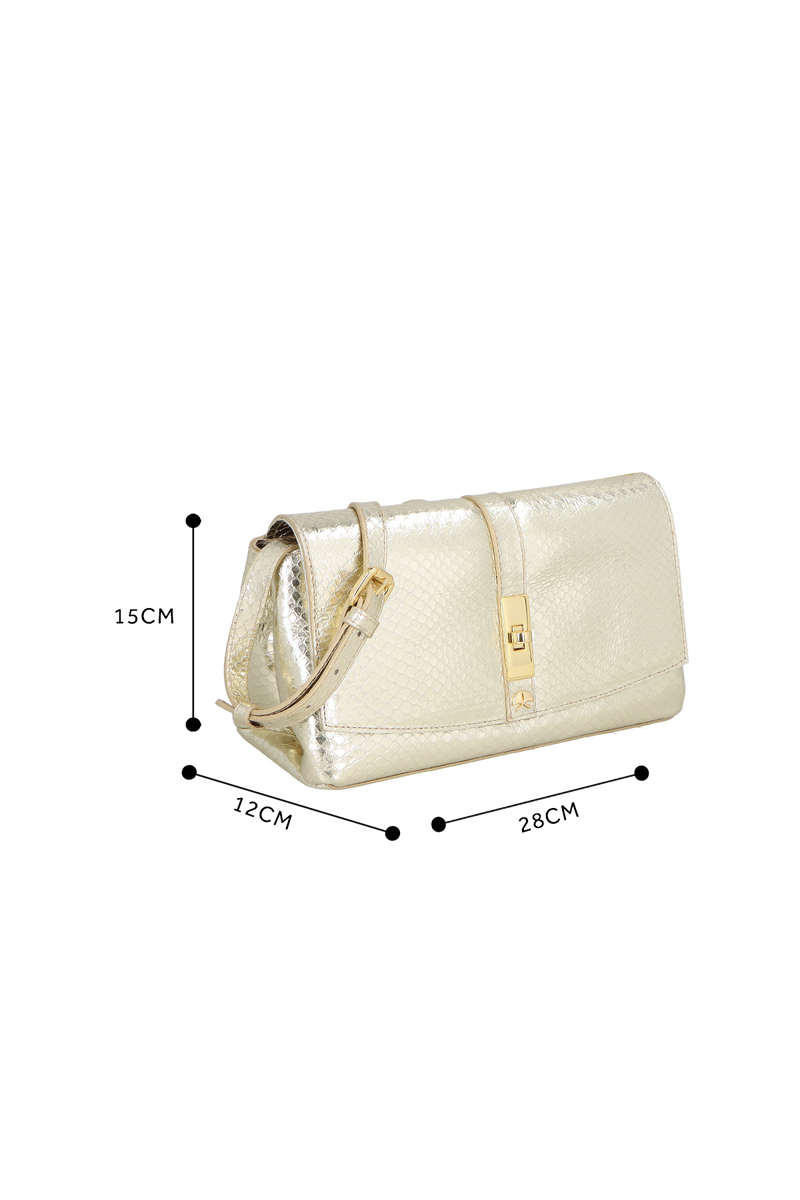 BOLSA CLUTCH PEQUENA EM COURO METALIZADO COBRA DOURADO
