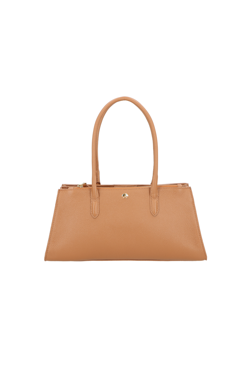 BOLSA MÉDIA EM COURO CARAMELO ESTRUTURADA  BOLSA MÉDIA EM COURO CARAMELO ESTRUTURADA