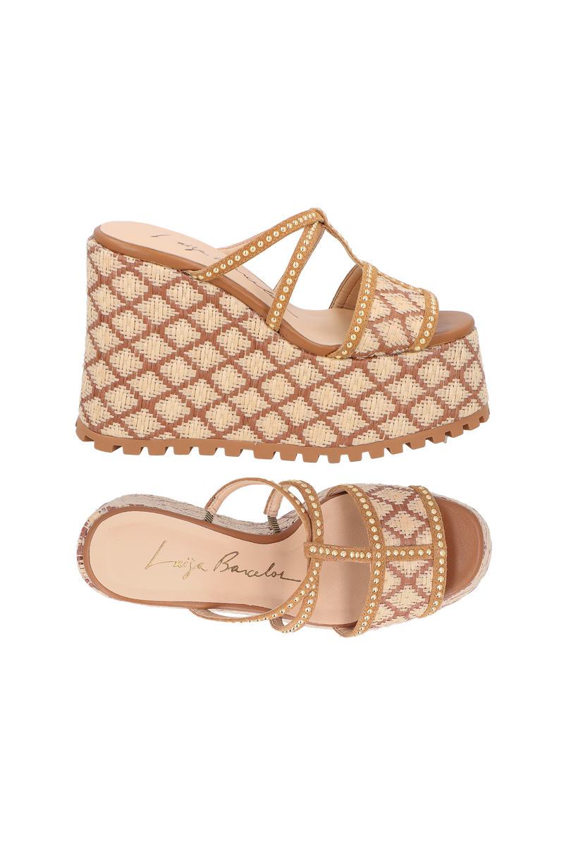 SANDÁLIA PLATAFORMA EM COURO CARAMELO E PALHA