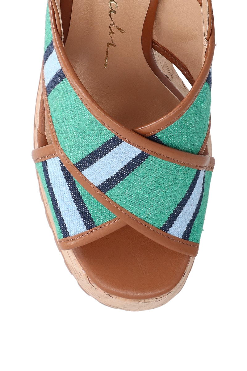 SANDÁLIA PLATAFORMA COM TIRA CRUZADA LISTRADA VERDE E AZUL