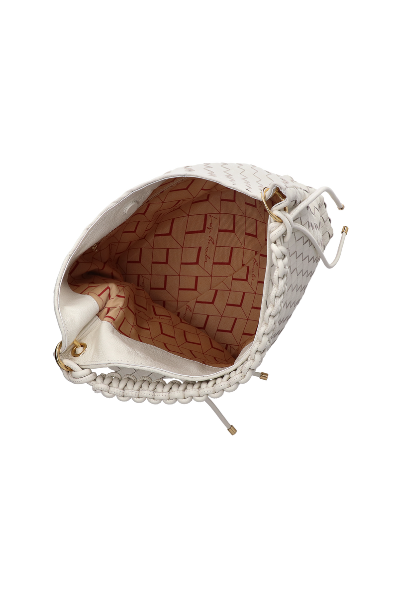 BOLSA GRANDE EM COURO OFF WHITE TRAMADO COM ALÇA EM ROLOTÊ