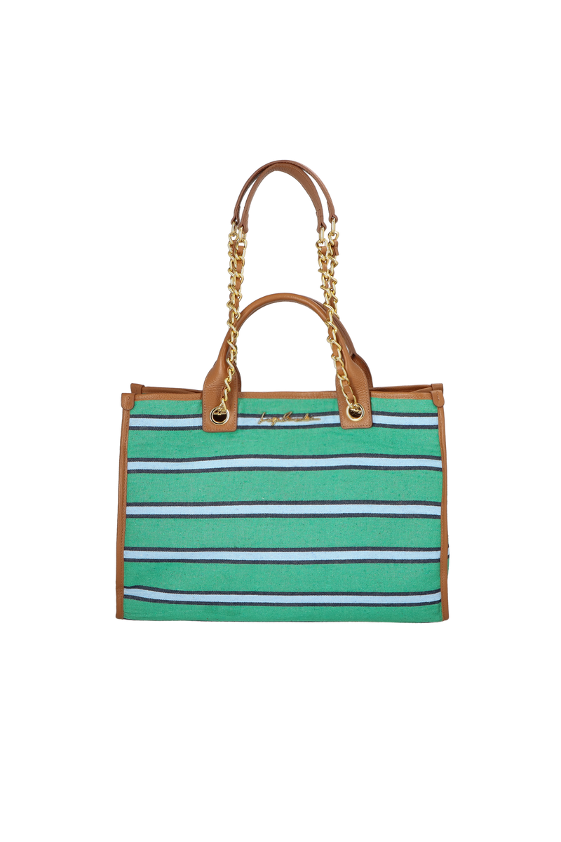 MAXI BOLSA LISTRADA VERDE E AZUL COM ALÇAS DE CORRENTE