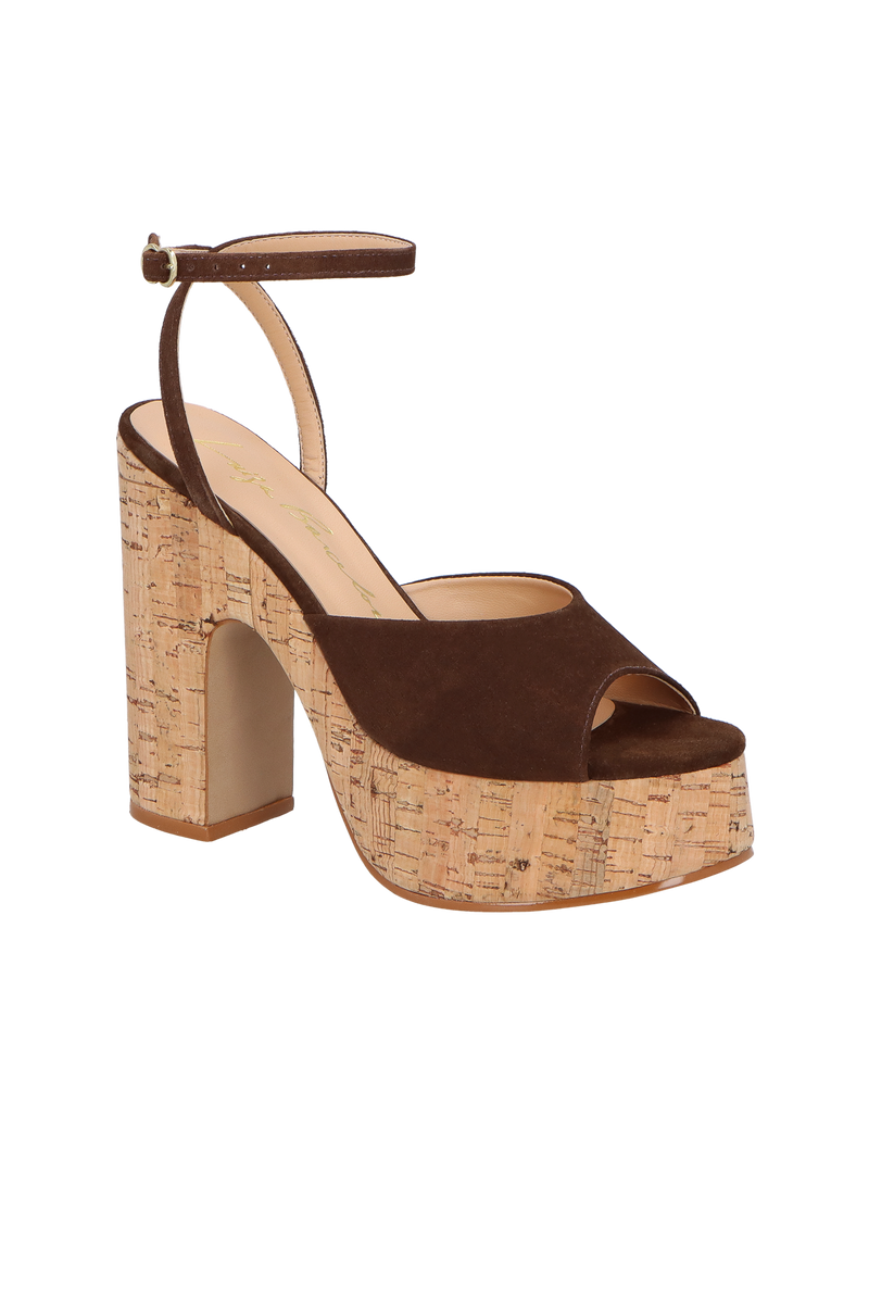 SANDÁLIA MEIA PATA EM CAMURÇA CAFÉ COM SALTO DE CORTIÇA