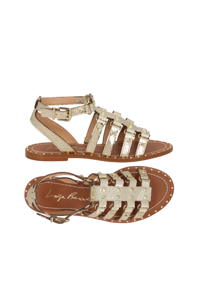 SANDÁLIA RASTEIRA EM COURO DOURADO COM TIRAS E APLICAÇÕES