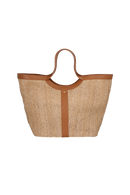 BOLSA SHOPPING GRANDE EM COURO CARAMELO E RÁFIA