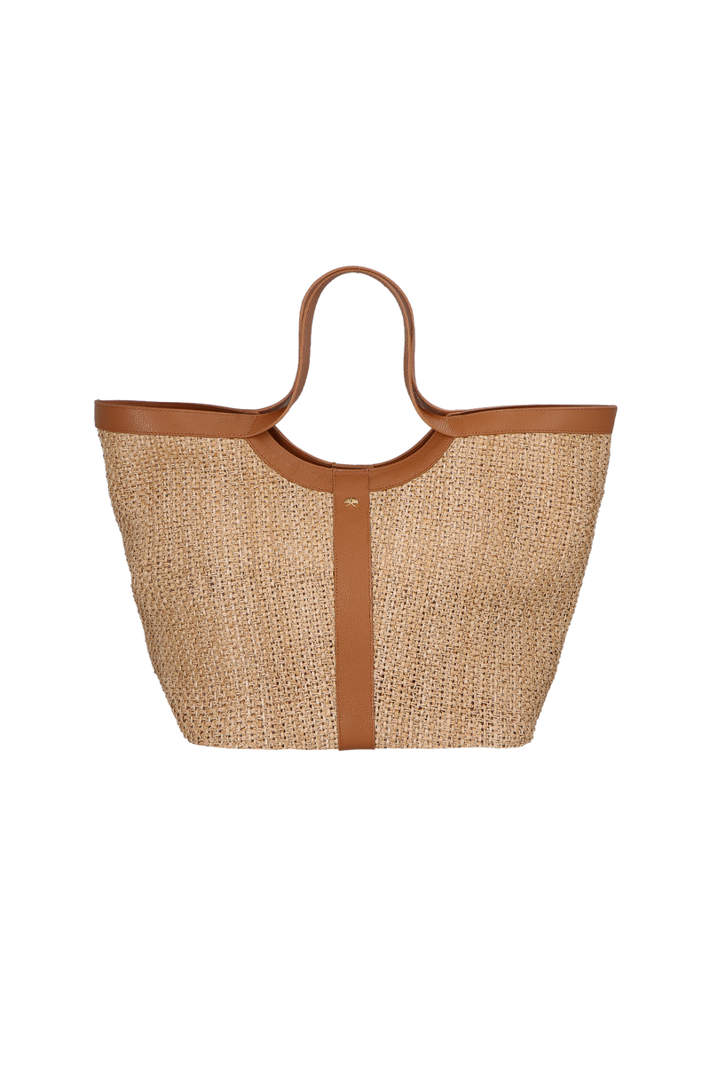 BOLSA SHOPPING GRANDE EM COURO CARAMELO E RÁFIA