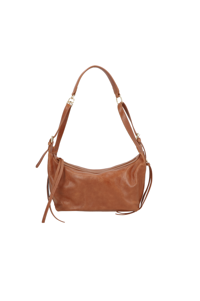 BOLSA MÉDIA EM COURO CARAMELO COM ALÇA AJUSTÁVEL