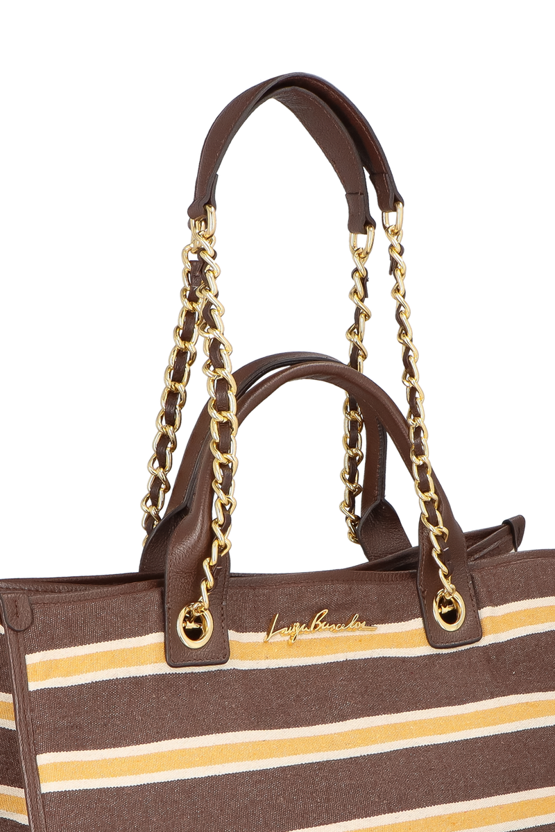 MAXI BOLSA LISTRADA MARROM E AMARELO COM ALÇAS DE CORRENTE