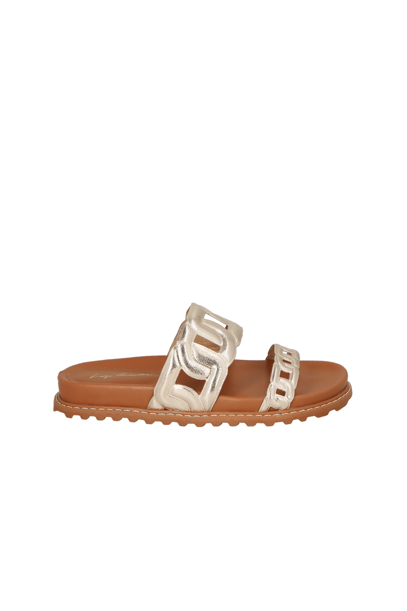 RASTEIRA SLIDE TRATORADA EM COURO METALIZADO DOURADA