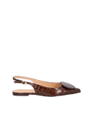 SAPATILHA SLINGBACK FLAT EM CROCO VERNIZ CAFÉ COM APLICAÇÃO CIRCULAR