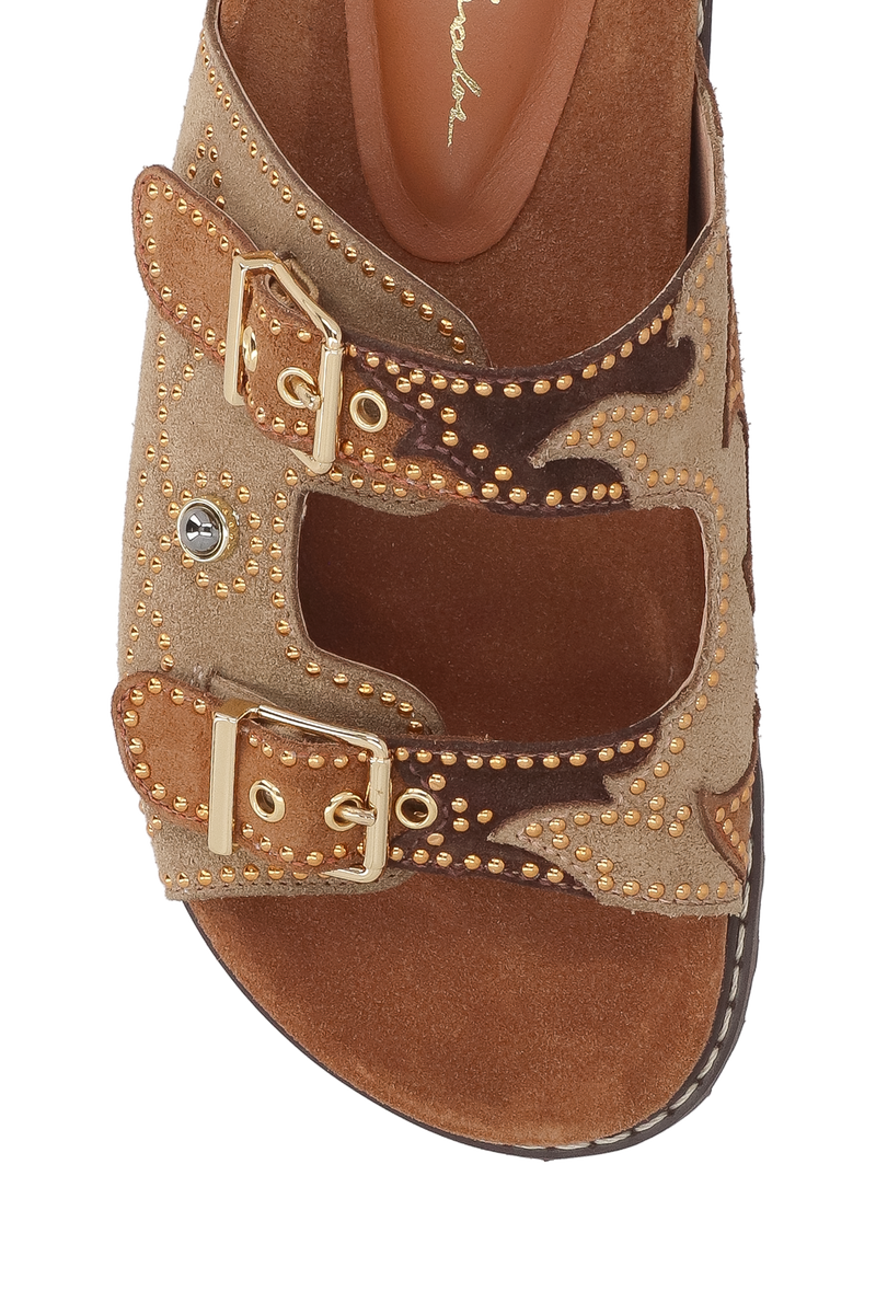 PAPETE EM CAMURÇA BEGE FENDI COM FIVELAS E APLICAÇÕES