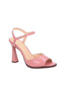 SANDÁLIA PEEP TOE EM COURO VERNIZ ROSA QUARTZO E SALTO ALTO