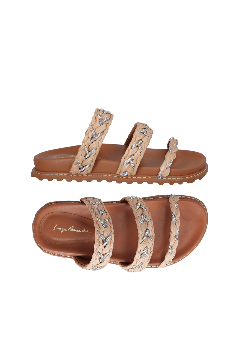 PAPETE TRATORADA CARAMELO EM RÁFIA TRANÇADA COM CRISTAIS