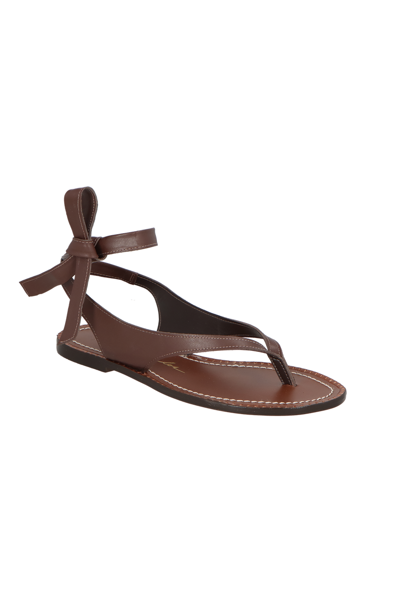 SANDÁLIA DE DEDO EM COURO CAFÉ COM AMARRAÇÃO NO TORNOZELO