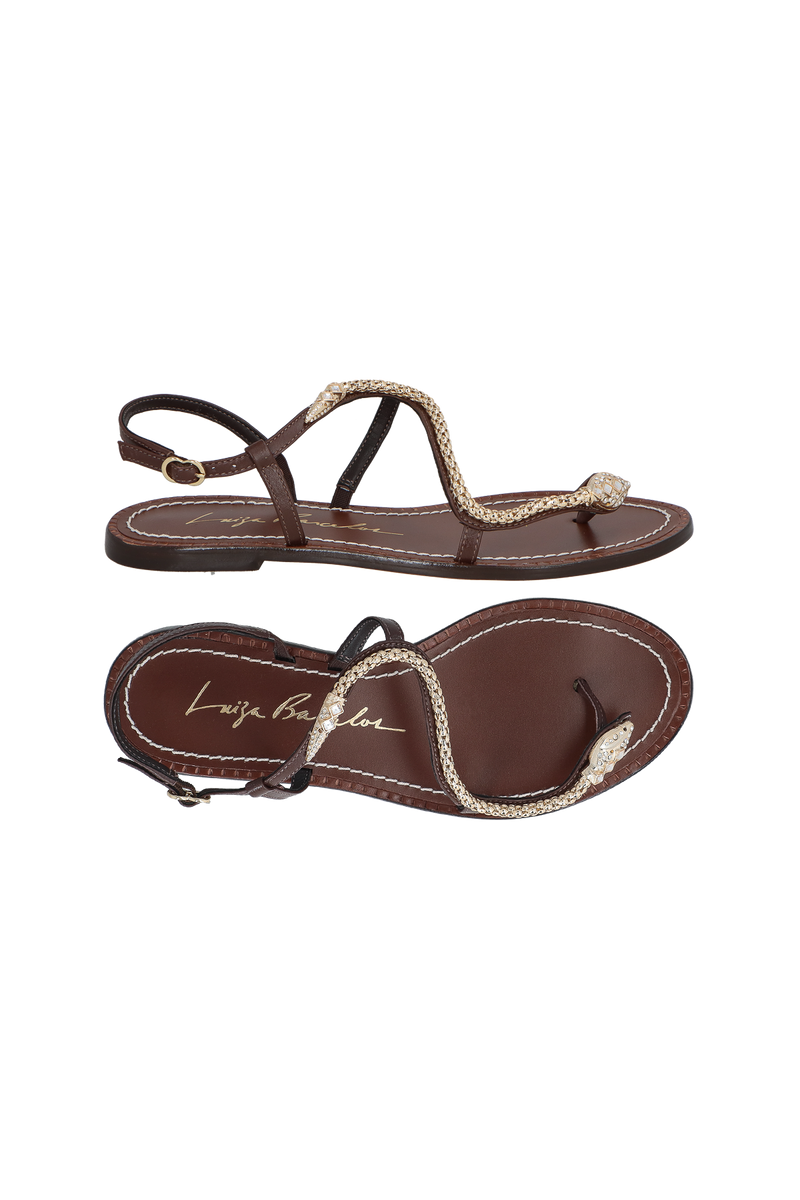 SANDÁLIA RASTEIRA EM COURO MARROM CAFÉ E SERPENTE OURO