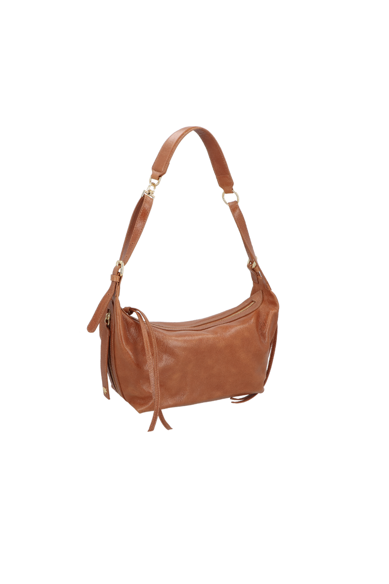 BOLSA MÉDIA EM COURO CARAMELO COM ALÇA AJUSTÁVEL