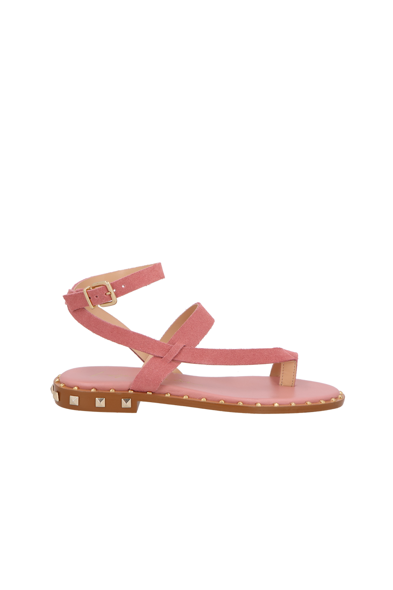 RASTEIRA DE DEDO EM CAMURÇA ROSA QUARTZO COM TIRAS CRUZADAS E TACHAS