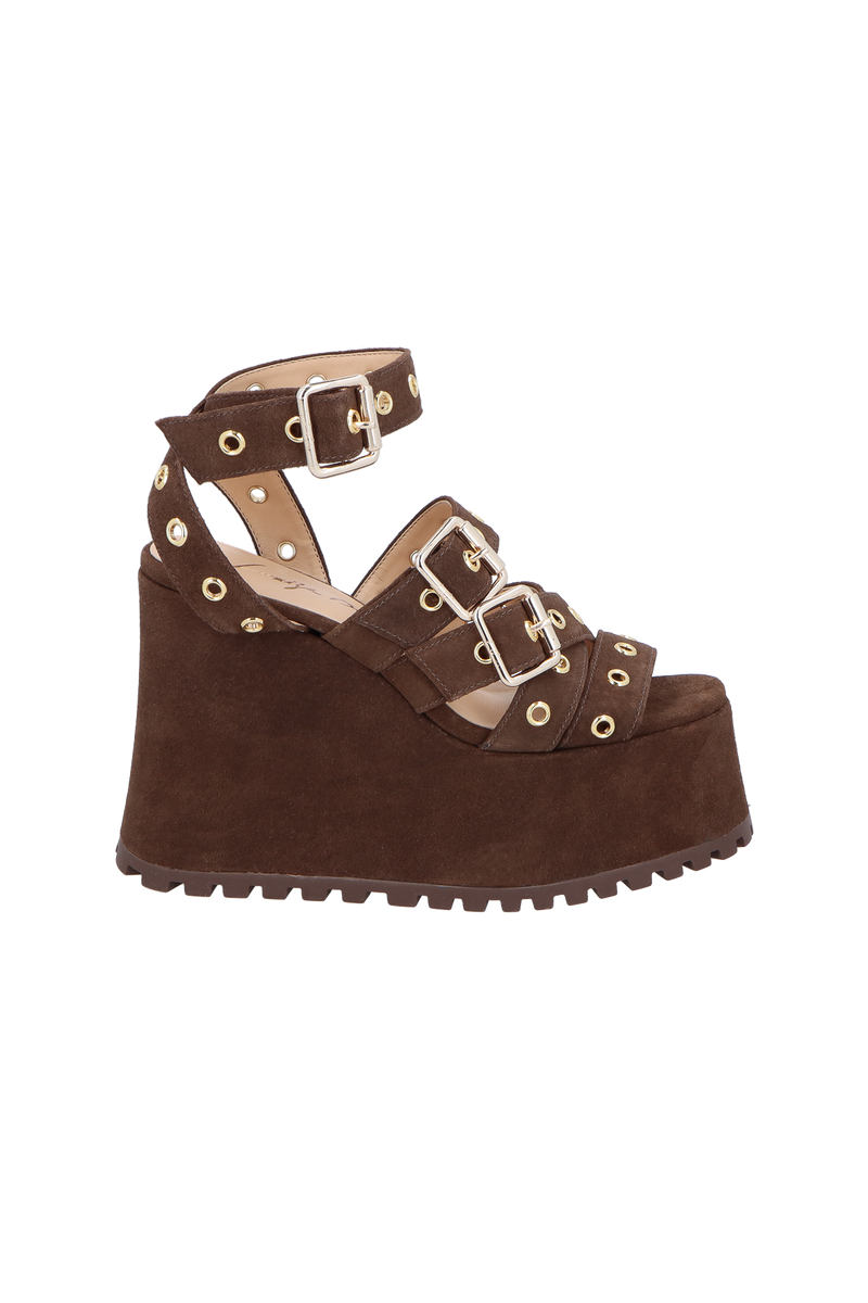 SANDÁLIA PLATAFORMA DE CAMURÇA MARROM CAFÉ E ILHOSES