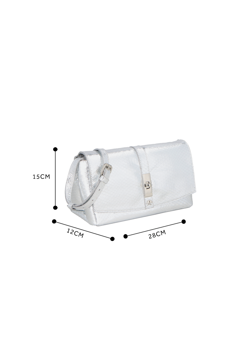 BOLSA CLUTCH PEQUENA EM COURO METALIZADO COBRA PRATA