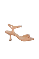 SANDÁLIA SALTO MÉDIO EM COURO VERNIZ BEGE BLUSH E FIVELA CRISTAL