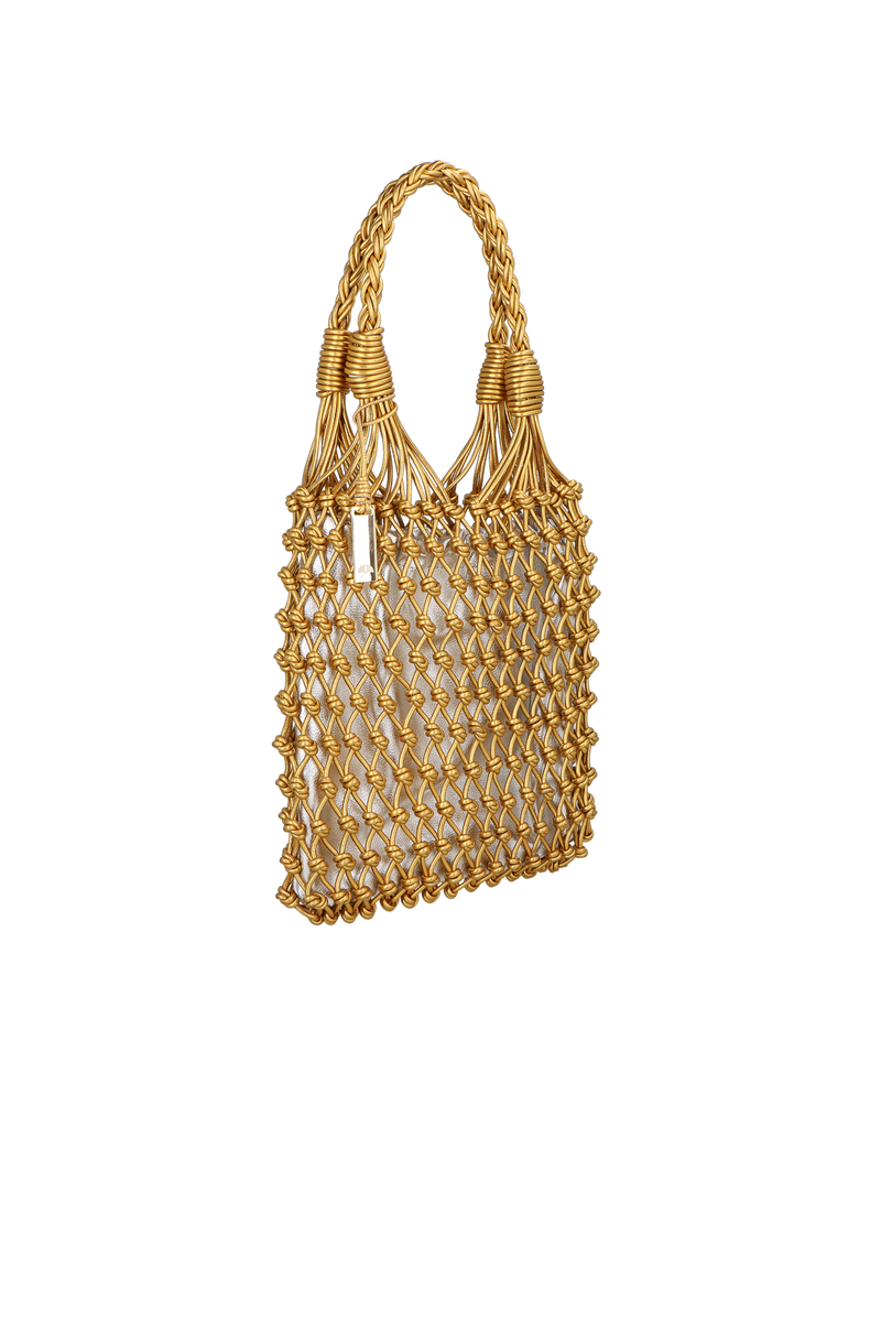 BOLSA MÉDIA TRAMADA EM COURO METALIZADO OURO E PRATA