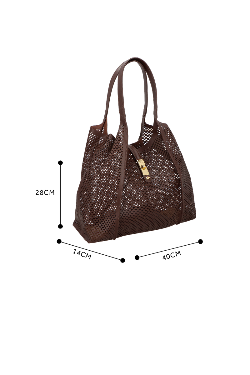 BOLSA TOTE GRANDE EM COURO MARROM CAFÉ COM RECORTES