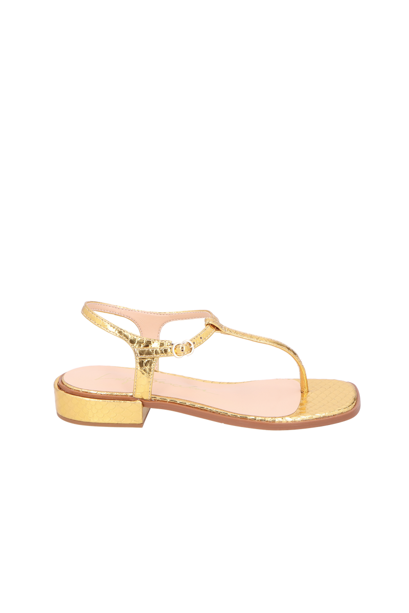 SANDÁLIA RASTEIRA EM COURO COBRA DOURADA COM TIRA DE DEDO